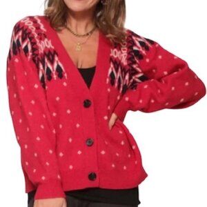 Smash + Tess Red Fair Isle Apres Ski Button Cardigan Nordic Cozy M/L